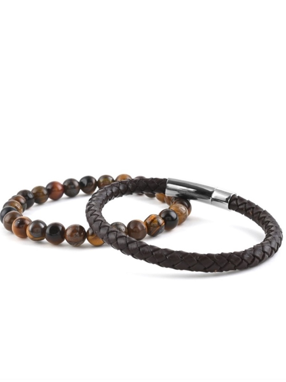 Stretch Beaded and Brown Leather Bracelet Set
